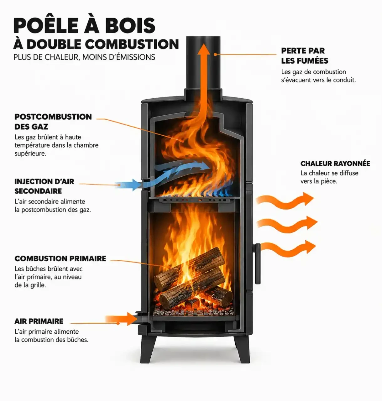 Schéma du rendement d'un poêle à bois : combustion primaire, postcombustion et pertes de chaleur par les fumées