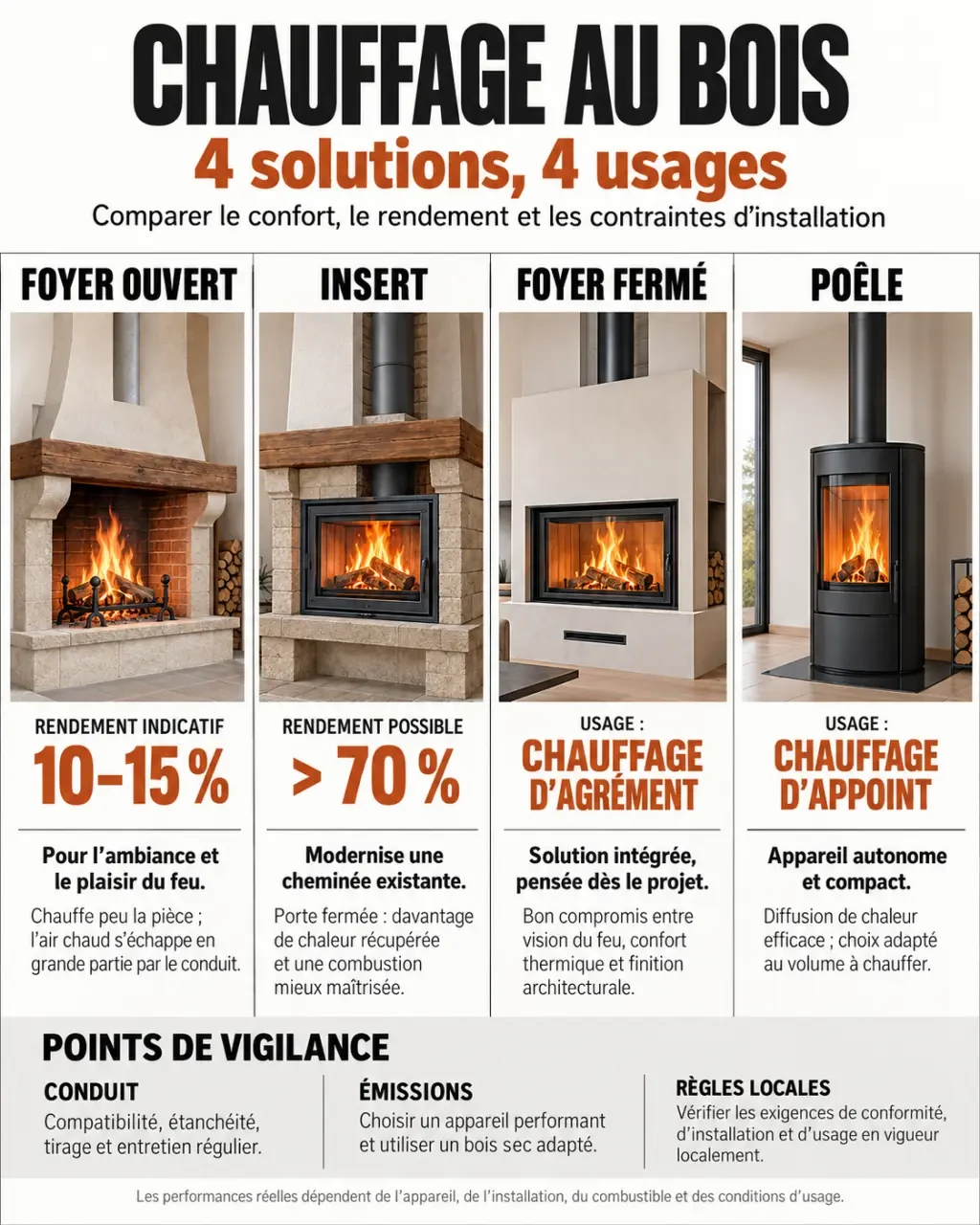 Infographie comparative d’un foyer ouvert cheminée, d’un insert, d’un foyer fermé et d’un poêle