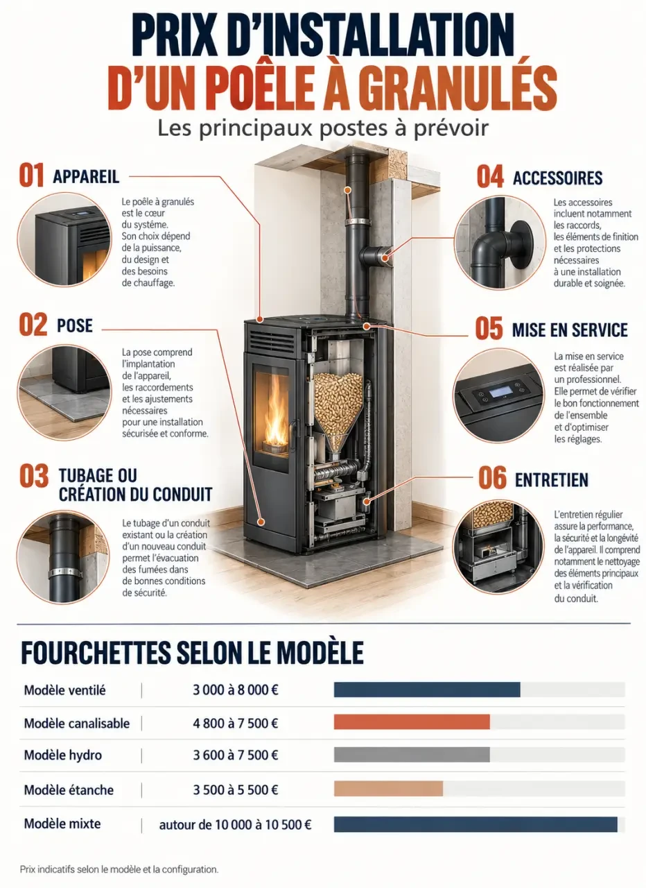 Infographie du prix d’installation d’un poêle à granulés selon la technologie et les postes de dépense