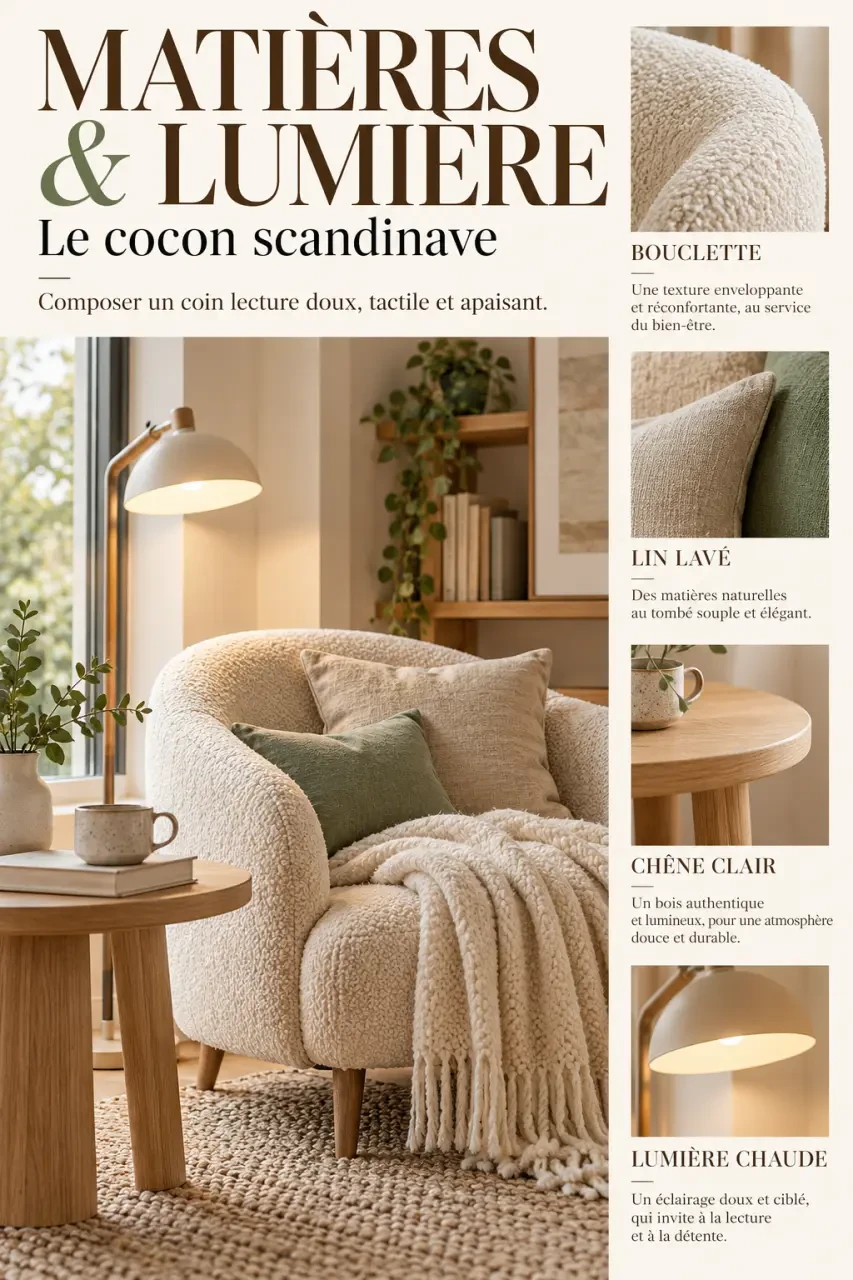 Matières et éclairage d'une déco scandinave cocooning dans un coin lecture chaleureux