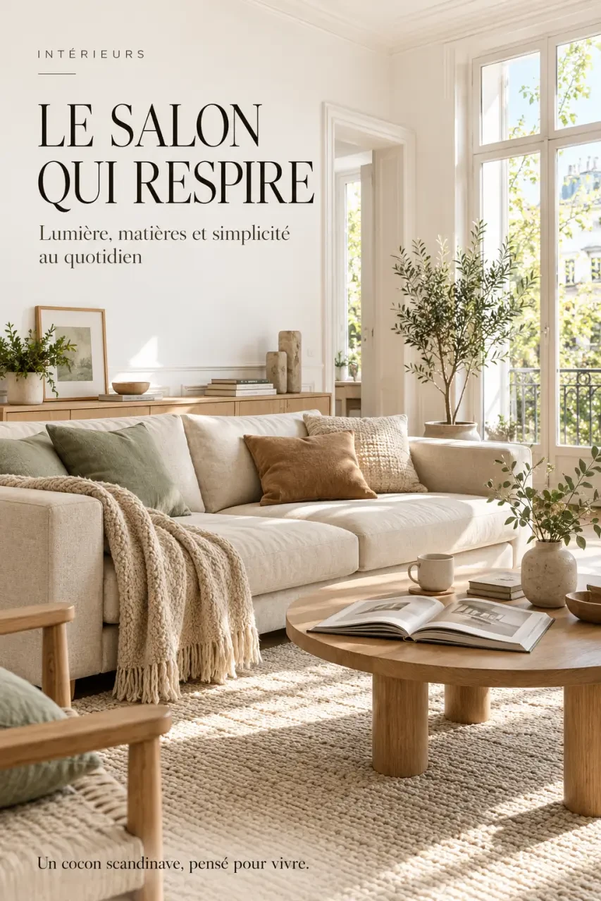 Salon chaleureux illustrant une déco scandinave cocooning avec bois clair et textiles douillets