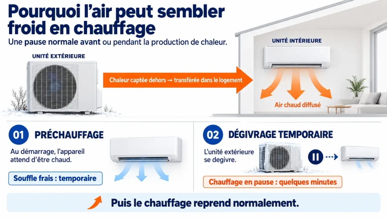 Schéma expliquant pourquoi une climatisation souffle froid en mode chauffage pendant le préchauffage ou le dégivrage