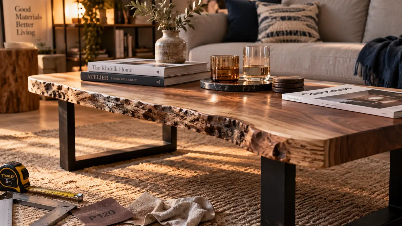 Fabriquer une table basse originale : plateau live edge et pieds métal noirs