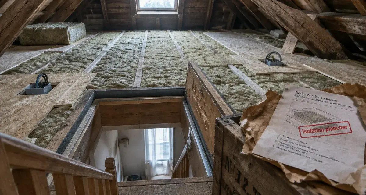 Isolation du grenier par le sol : laine minérale sur plancher des combles perdus