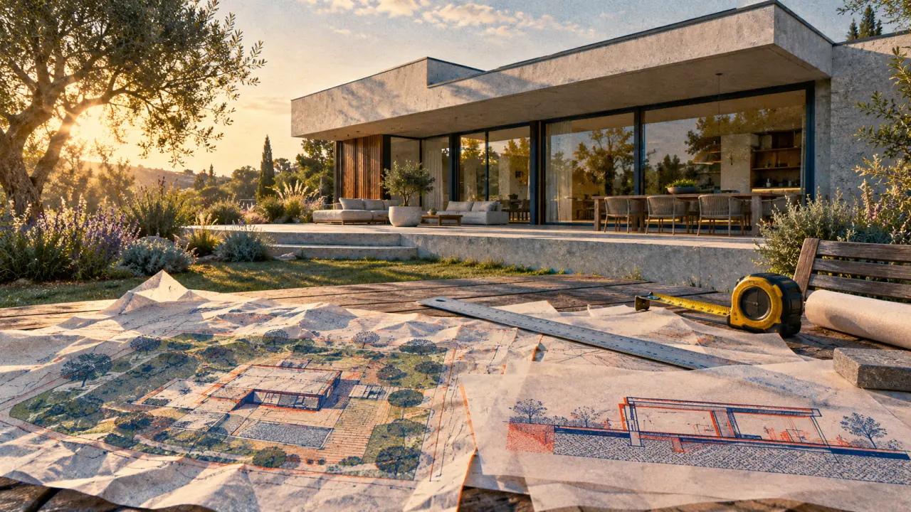 Maison toit plat plain-pied moderne, vue depuis le jardin