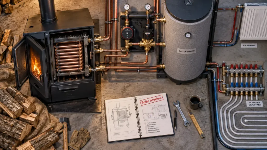 Poele bouilleur pour chauffer toute la maison, échangeur hydraulique et radiateurs