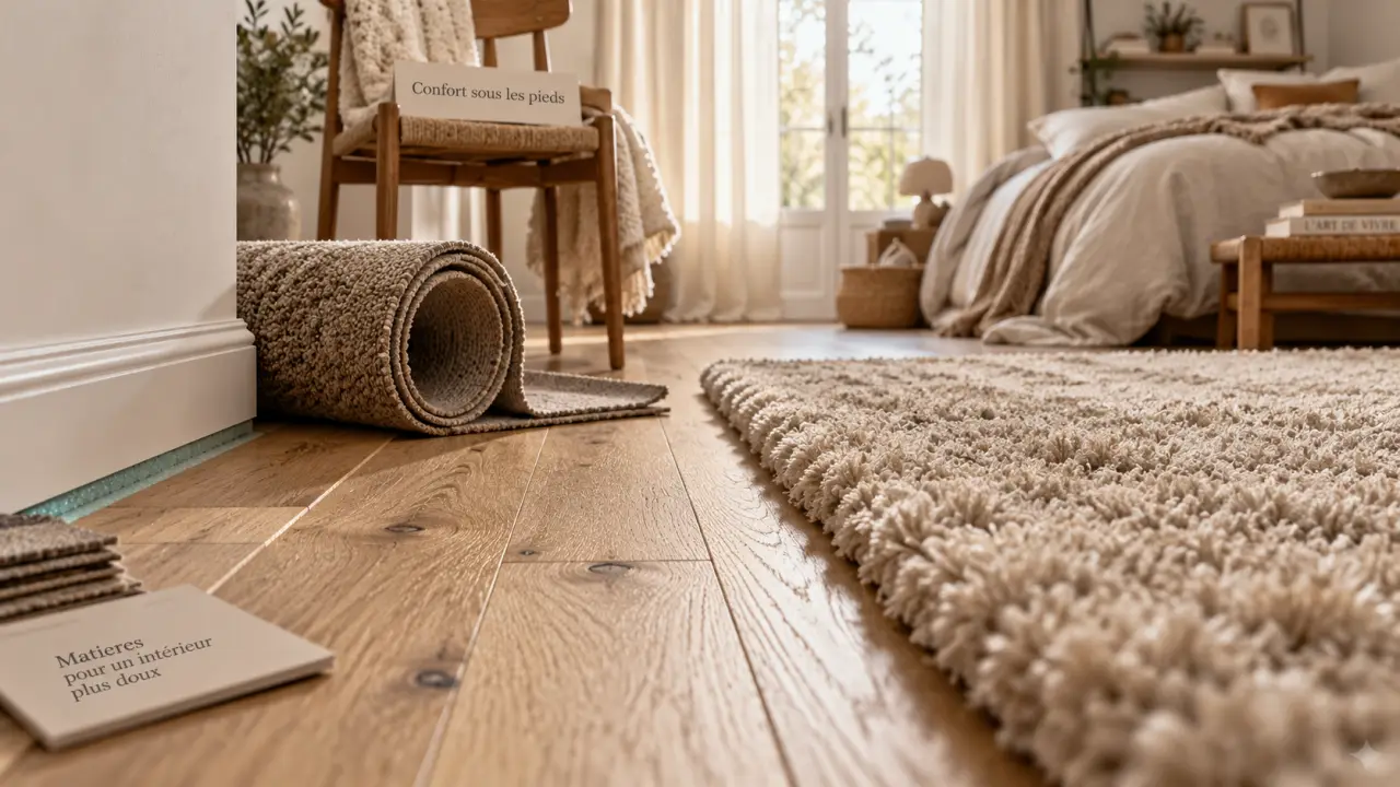 Revetement sol chambre : parquet chêne clair, tapis et moquette pour confort au sol