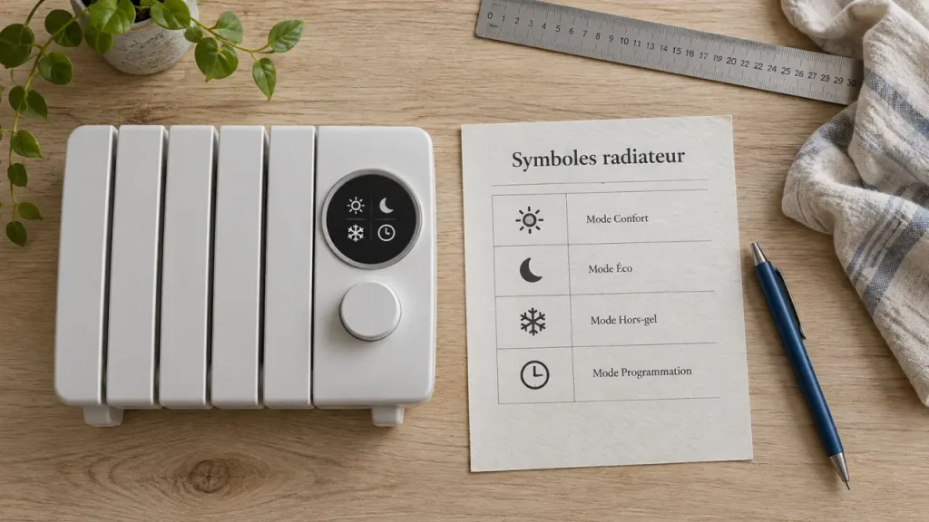 Symbole radiateur electrique : soleil, lune, flocon, horloge sur écran de radiateur