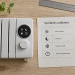 Symbole radiateur electrique : soleil, lune, flocon, horloge sur écran de radiateur
