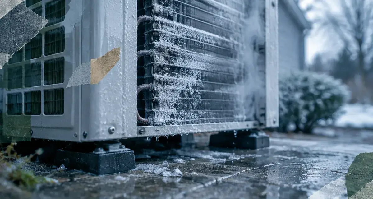 Unité extérieure clim qui givre avec échangeur couvert de givre en hiver